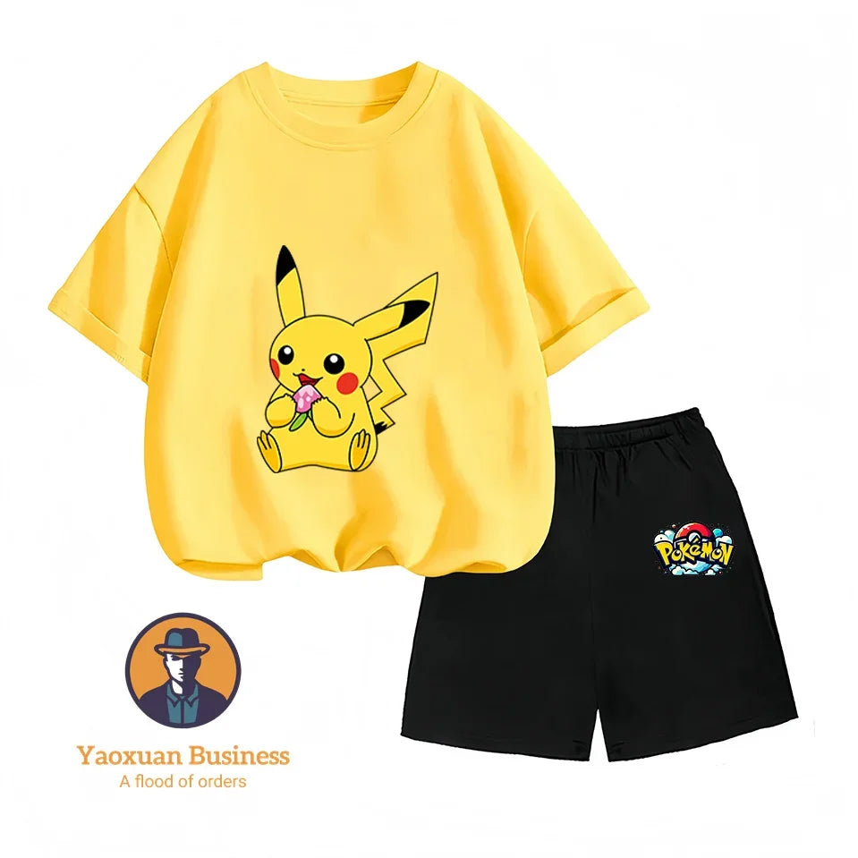 Children's Short-sleeved Set, Anime Pikachu Fashion T-shirt Style, Casual Pokemon Boys and Girls T-shirt Children's Clothing