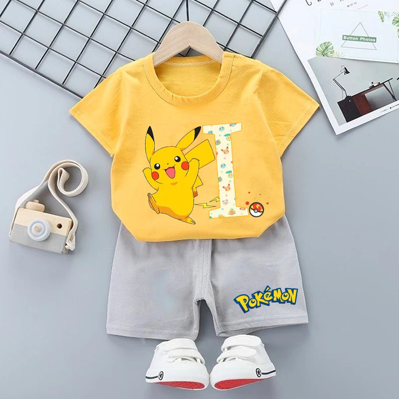 Pikachu T-shirt Shorts Set Kids PPokemons Kawaii Letter A-Z Tees Pants Boys Girls Summer Short Sleeve Trousers Children Clothes
