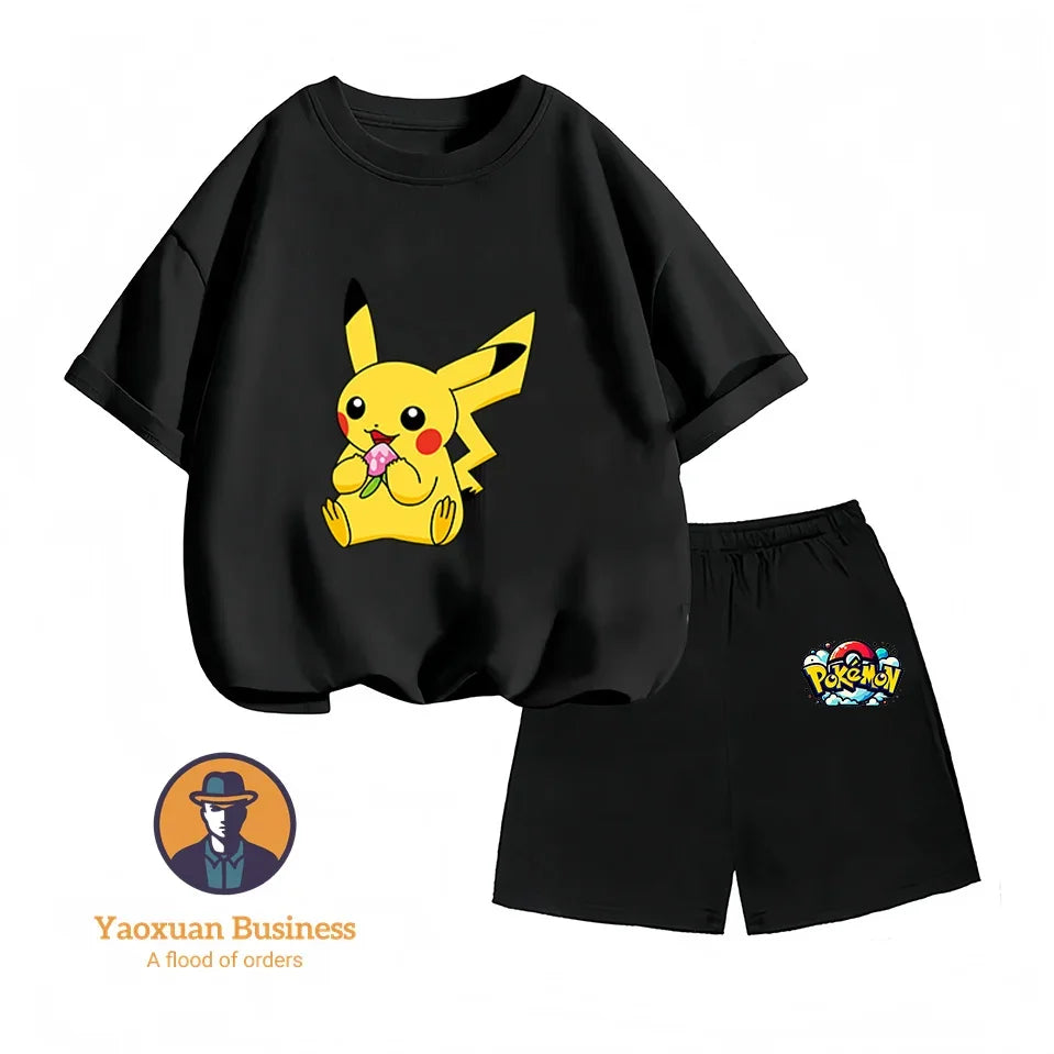 Children's Short-sleeved Set, Anime Pikachu Fashion T-shirt Style, Casual Pokemon Boys and Girls T-shirt Children's Clothing