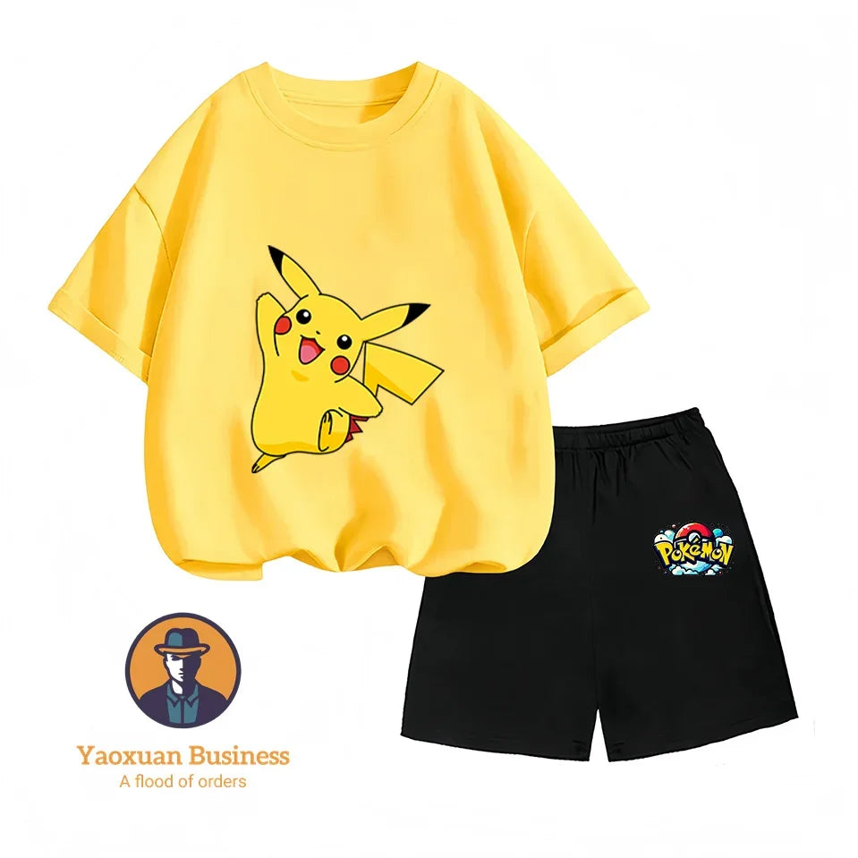 Pokemon Pikachu Baby Cotton T-shirt Set T-shirt, Kawaii Cartoon Children's Clothing for Boys and Girls, Short-sleeved Set