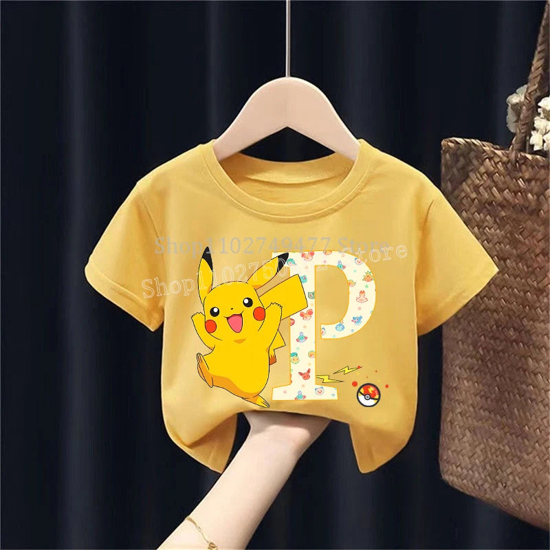 Pikachu Kids Short Sleeved T-shirt PPokemons Cartoon Tees Anime Letter Printed Top Boys Girls Tops Shirt Casual Clothing Gift
