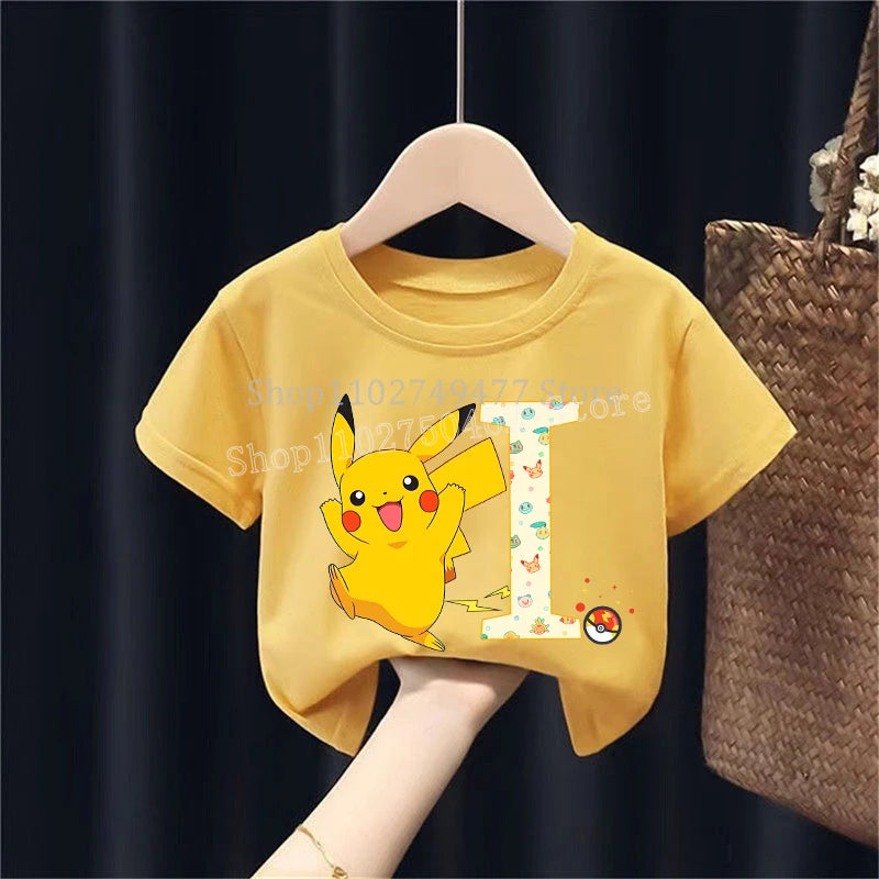 Pikachu Kids Short Sleeved T-shirt PPokemons Cartoon Tees Anime Letter Printed Top Boys Girls Tops Shirt Casual Clothing Gift