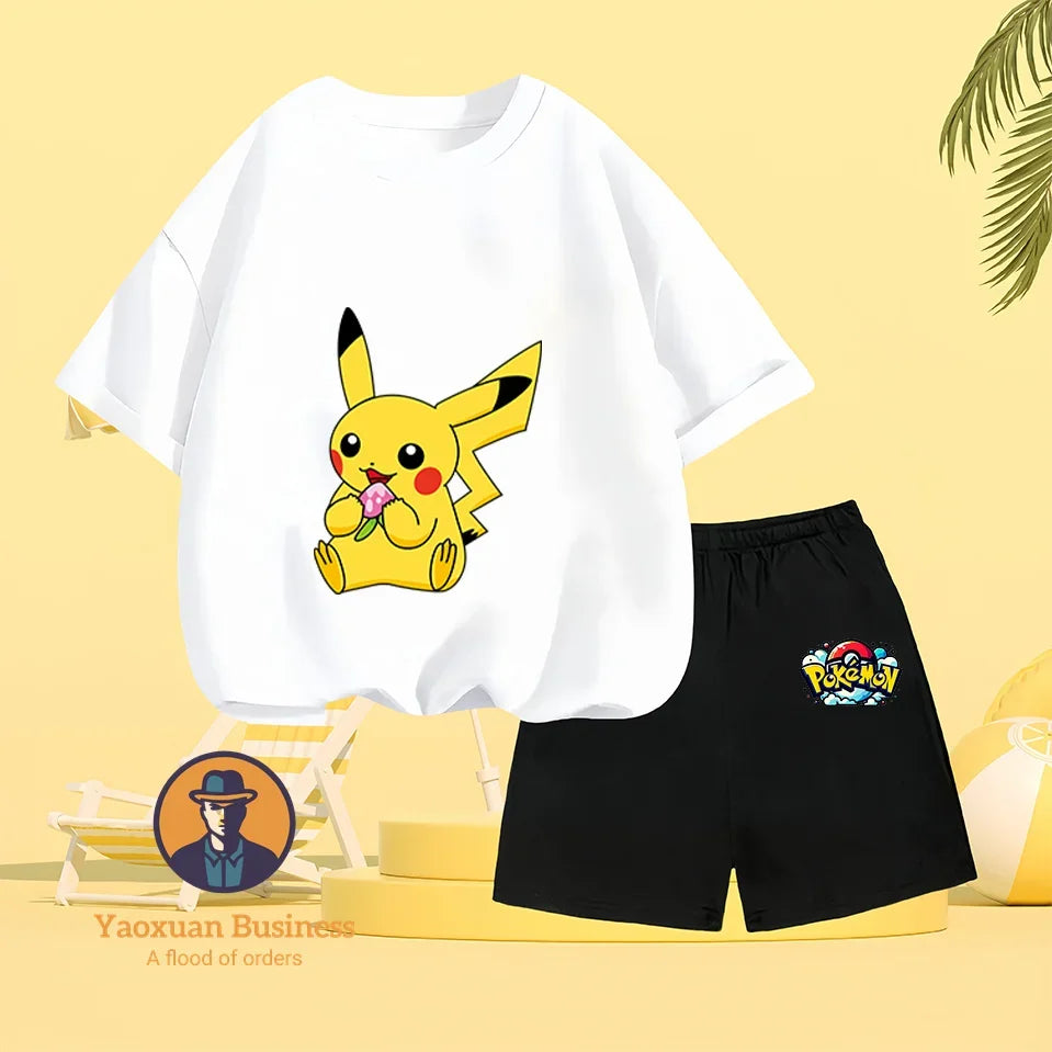 Children's Short-sleeved Set, Anime Pikachu Fashion T-shirt Style, Casual Pokemon Boys and Girls T-shirt Children's Clothing