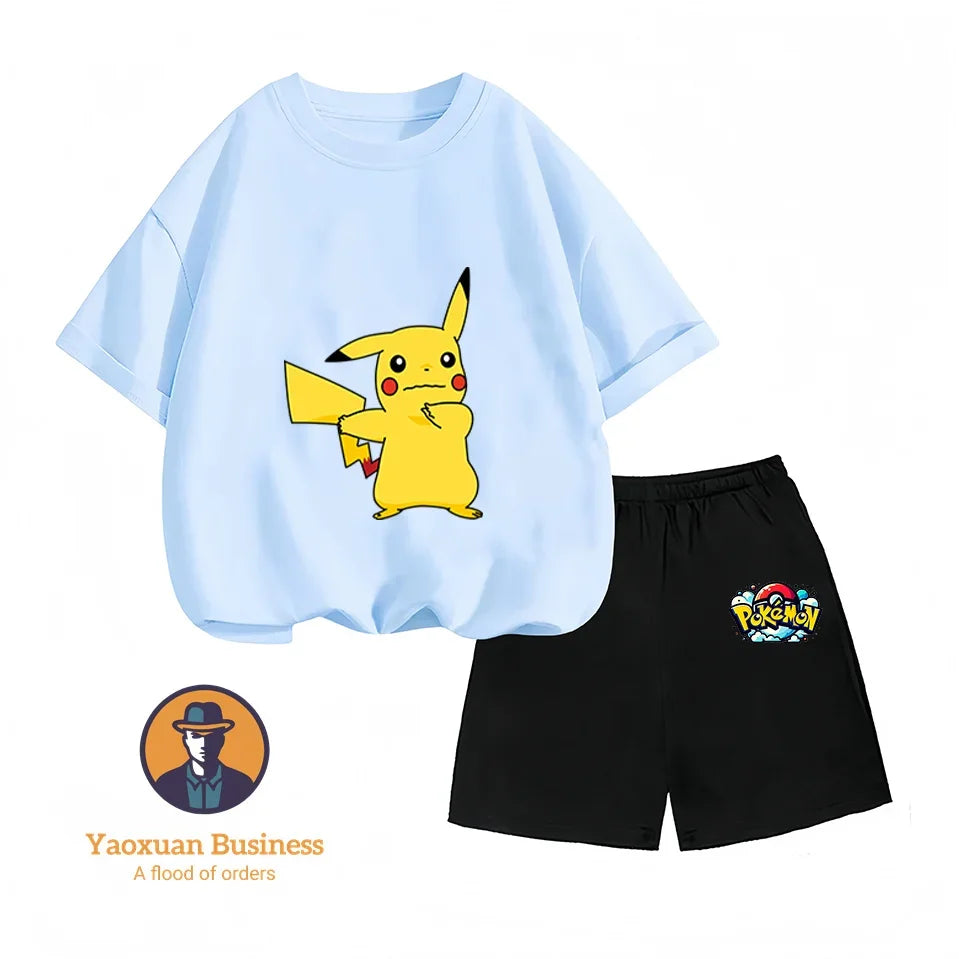 Pokemon Pikachu Baby Cotton T-shirt Set T-shirt, Kawaii Cartoon Children's Clothing for Boys and Girls, Short-sleeved Set
