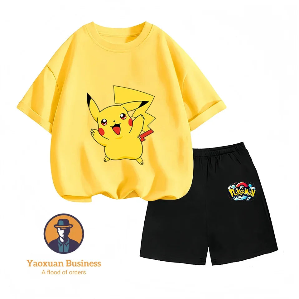 Children's Short-sleeved Set, Anime Pikachu Fashion T-shirt Style, Casual Pokemon Boys and Girls T-shirt Children's Clothing