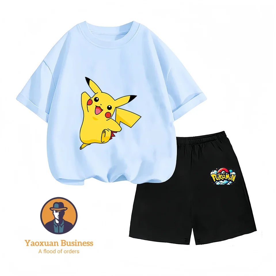 Pokemon Pikachu Baby Cotton T-shirt Set T-shirt, Kawaii Cartoon Children's Clothing for Boys and Girls, Short-sleeved Set