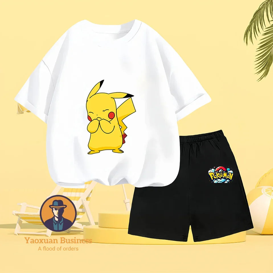 Children's Short-sleeved Set, Anime Pikachu Fashion T-shirt Style, Casual Pokemon Boys and Girls T-shirt Children's Clothing