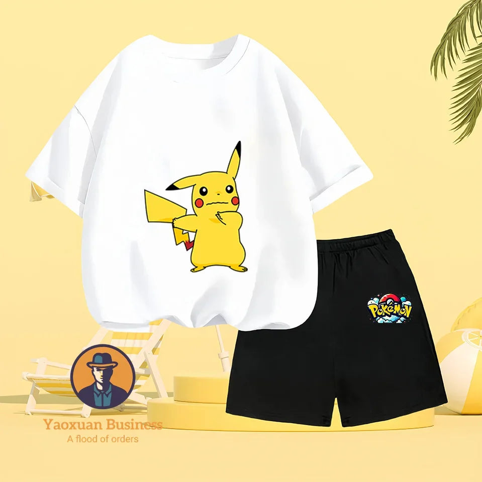 Pokemon Pikachu Baby Cotton T-shirt Set T-shirt, Kawaii Cartoon Children's Clothing for Boys and Girls, Short-sleeved Set