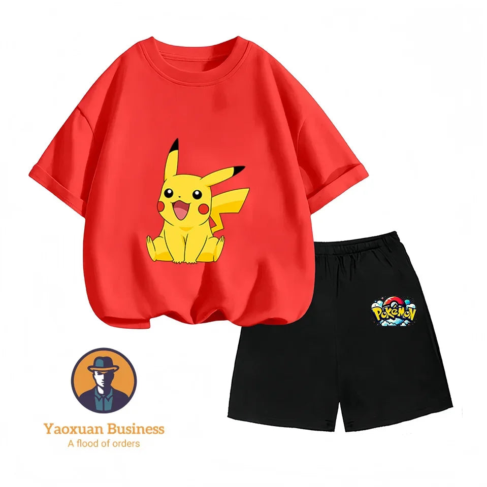 Children's Short-sleeved Set, Anime Pikachu Fashion T-shirt Style, Casual Pokemon Boys and Girls T-shirt Children's Clothing