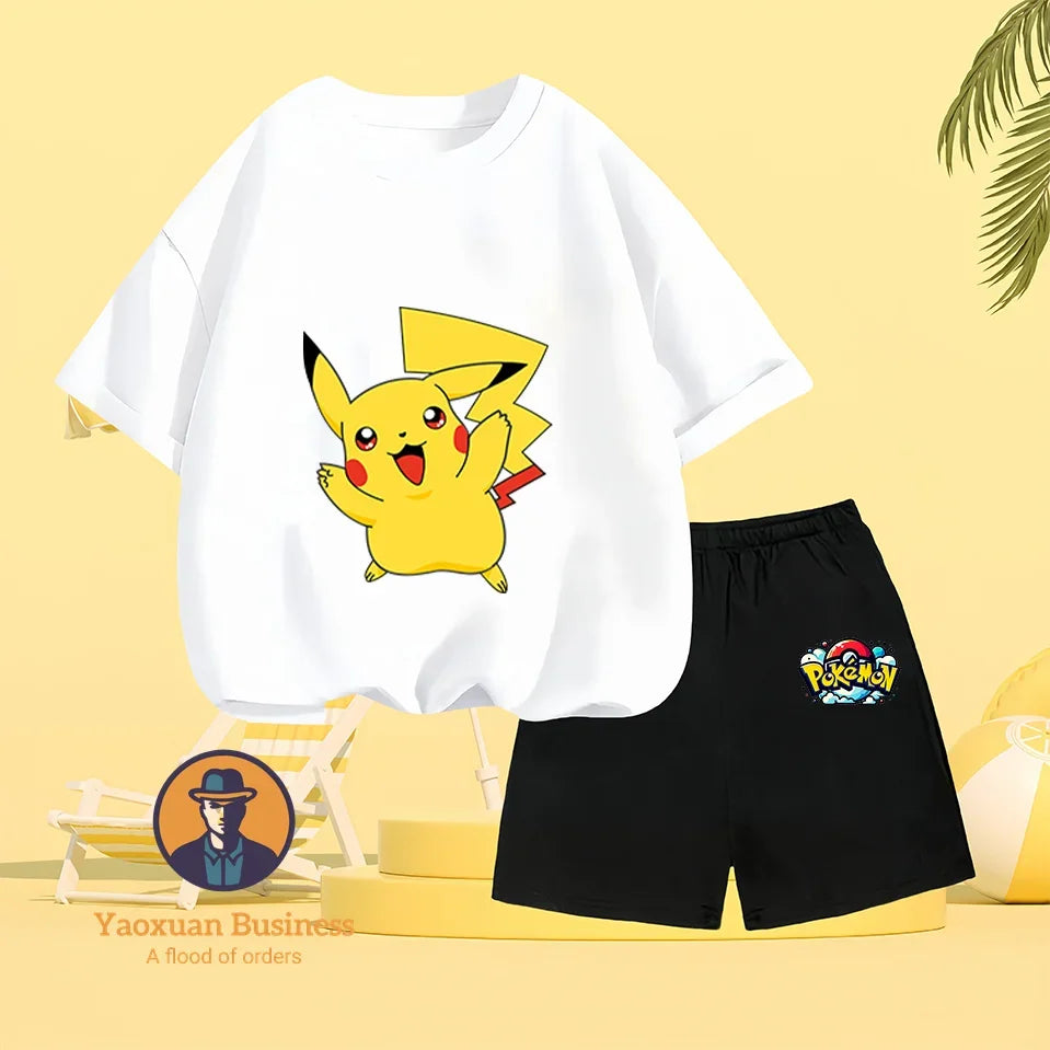 Children's Short-sleeved Set, Anime Pikachu Fashion T-shirt Style, Casual Pokemon Boys and Girls T-shirt Children's Clothing