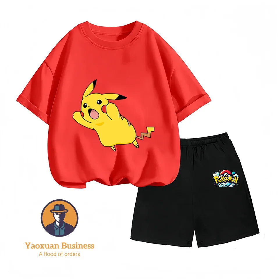 Pokemon Pikachu Baby Cotton T-shirt Set T-shirt, Kawaii Cartoon Children's Clothing for Boys and Girls, Short-sleeved Set
