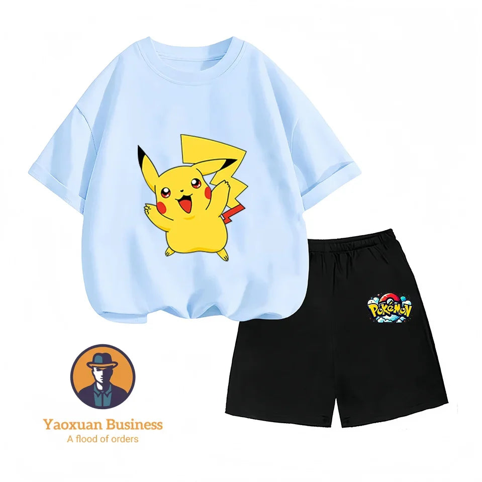 Children's Short-sleeved Set, Anime Pikachu Fashion T-shirt Style, Casual Pokemon Boys and Girls T-shirt Children's Clothing