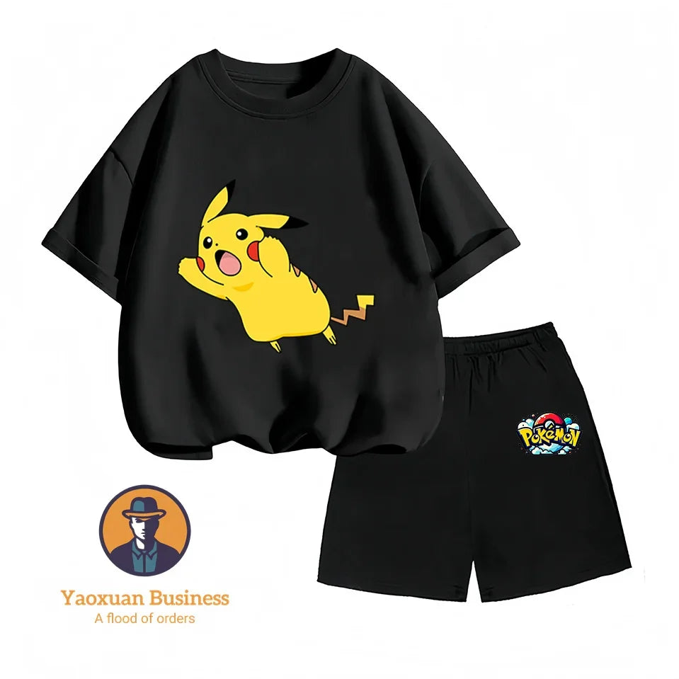 Pokemon Pikachu Baby Cotton T-shirt Set T-shirt, Kawaii Cartoon Children's Clothing for Boys and Girls, Short-sleeved Set