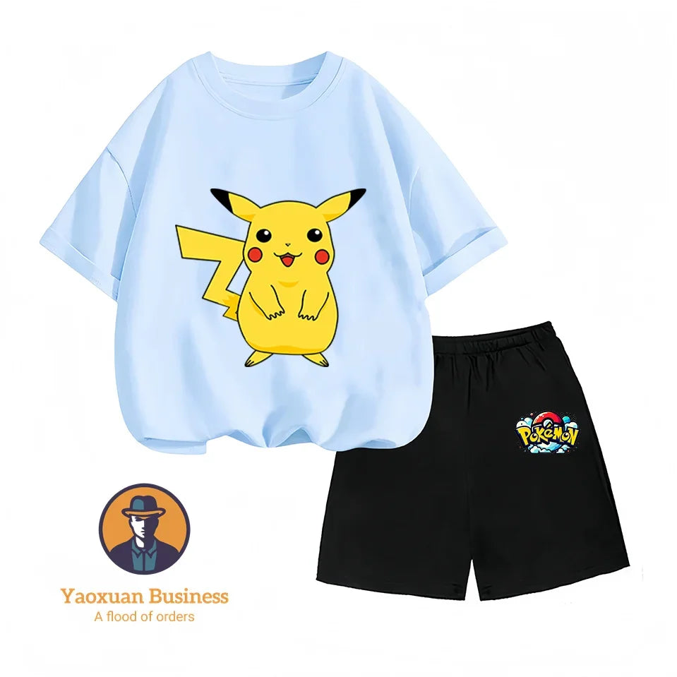 Pokemon Pikachu Baby Cotton T-shirt Set T-shirt, Kawaii Cartoon Children's Clothing for Boys and Girls, Short-sleeved Set