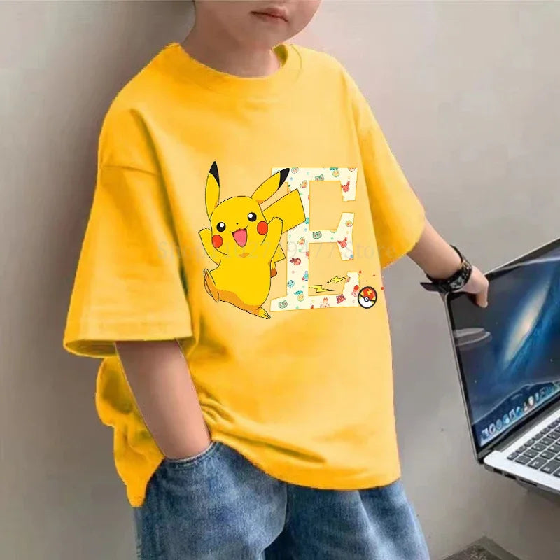 Pikachu Kids Short Sleeved T-shirt PPokemons Cartoon Tees Anime Letter Printed Top Boys Girls Tops Shirt Casual Clothing Gift