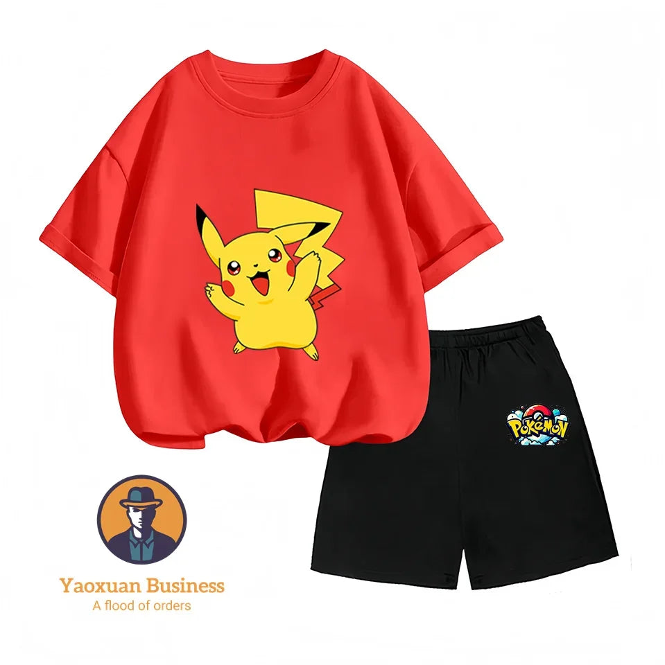 Children's Short-sleeved Set, Anime Pikachu Fashion T-shirt Style, Casual Pokemon Boys and Girls T-shirt Children's Clothing