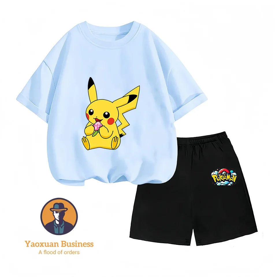 Children's Short-sleeved Set, Anime Pikachu Fashion T-shirt Style, Casual Pokemon Boys and Girls T-shirt Children's Clothing