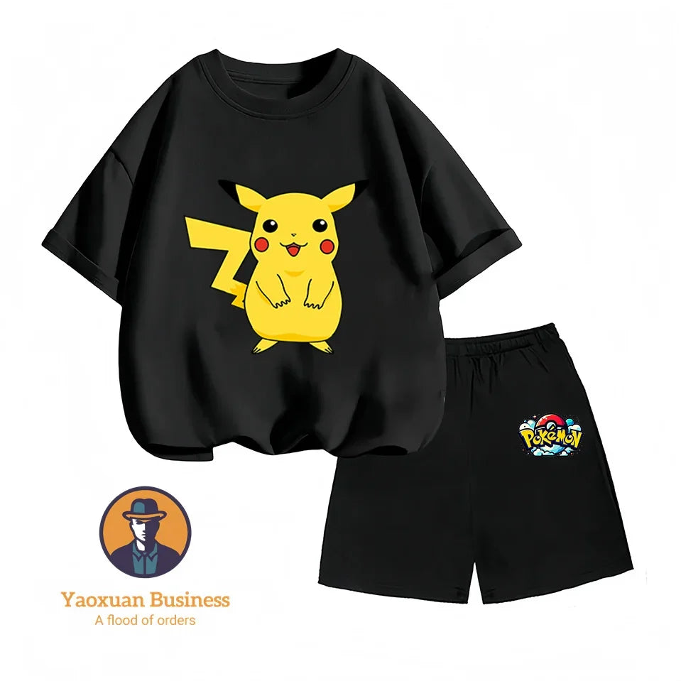 Pokemon Pikachu Baby Cotton T-shirt Set T-shirt, Kawaii Cartoon Children's Clothing for Boys and Girls, Short-sleeved Set