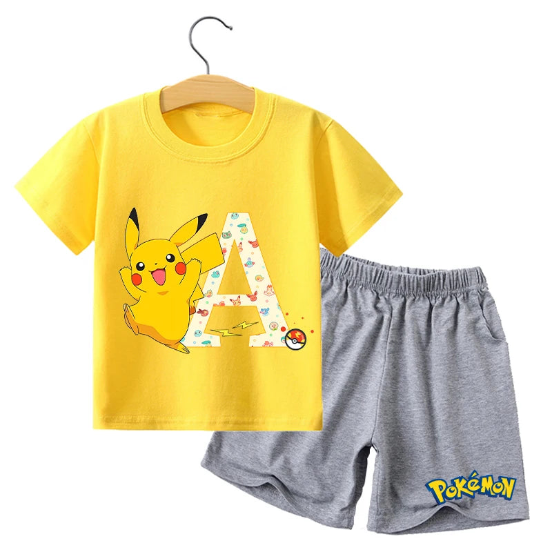 Pikachu T-shirt Shorts Set Kids PPokemons Kawaii Letter A-Z Tees Pants Boys Girls Summer Short Sleeve Trousers Children Clothes