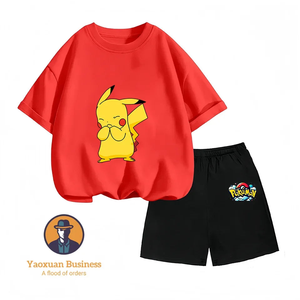 Children's Short-sleeved Set, Anime Pikachu Fashion T-shirt Style, Casual Pokemon Boys and Girls T-shirt Children's Clothing
