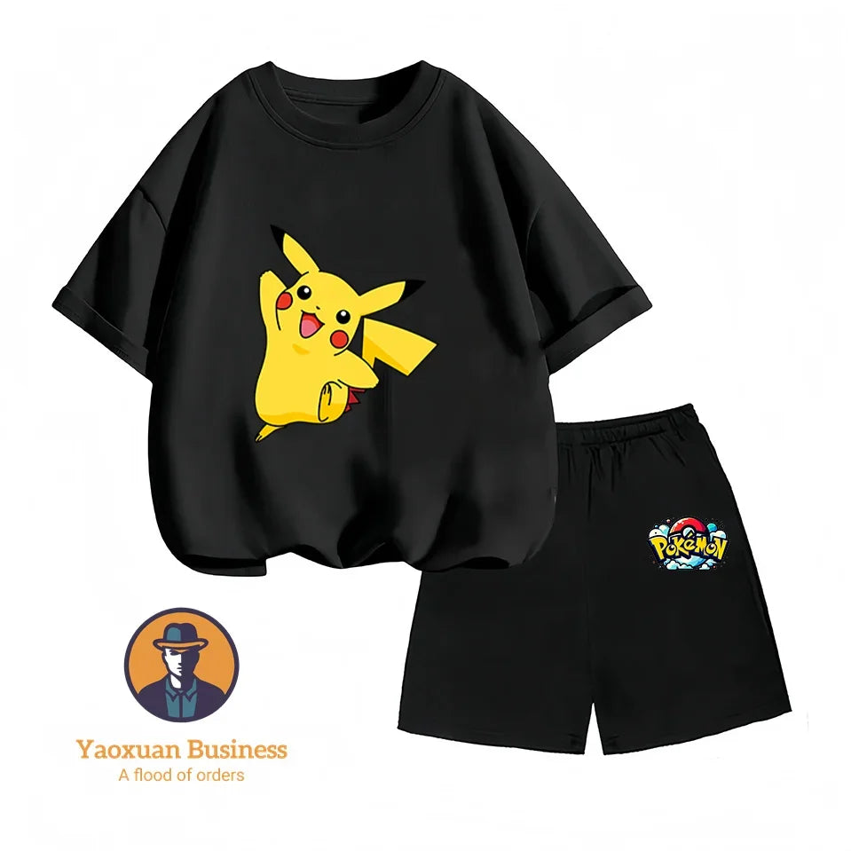 Pokemon Pikachu Baby Cotton T-shirt Set T-shirt, Kawaii Cartoon Children's Clothing for Boys and Girls, Short-sleeved Set