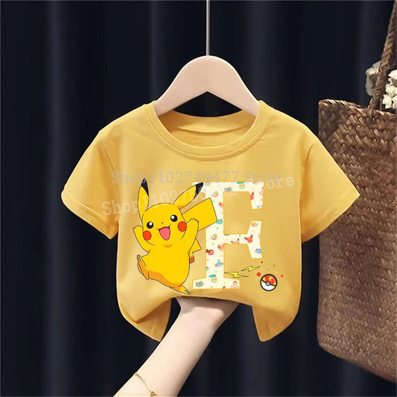 Pikachu Kids Short Sleeved T-shirt PPokemons Cartoon Tees Anime Letter Printed Top Boys Girls Tops Shirt Casual Clothing Gift