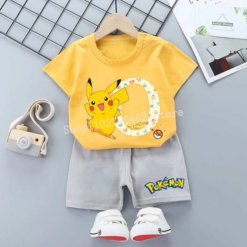 Pikachu T-shirt Shorts Set Kids PPokemons Kawaii Letter A-Z Tees Pants Boys Girls Summer Short Sleeve Trousers Children Clothes