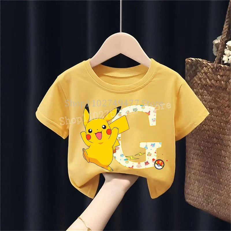 Pikachu Kids Short Sleeved T-shirt PPokemons Cartoon Tees Anime Letter Printed Top Boys Girls Tops Shirt Casual Clothing Gift