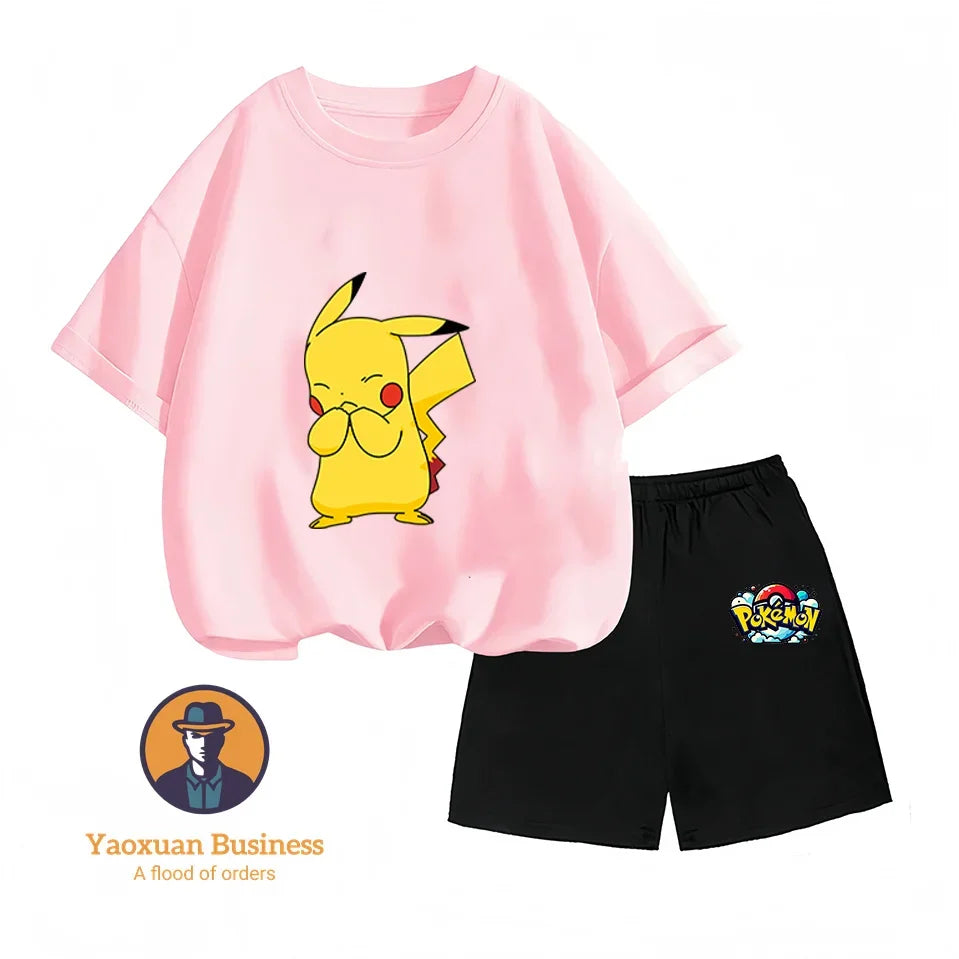 Children's Short-sleeved Set, Anime Pikachu Fashion T-shirt Style, Casual Pokemon Boys and Girls T-shirt Children's Clothing