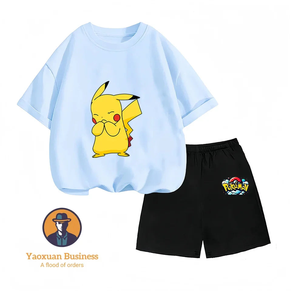 Children's Short-sleeved Set, Anime Pikachu Fashion T-shirt Style, Casual Pokemon Boys and Girls T-shirt Children's Clothing