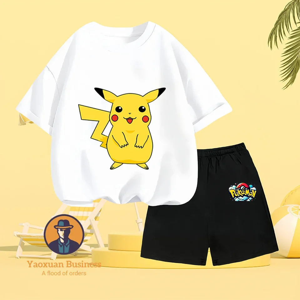 Pokemon Pikachu Baby Cotton T-shirt Set T-shirt, Kawaii Cartoon Children's Clothing for Boys and Girls, Short-sleeved Set