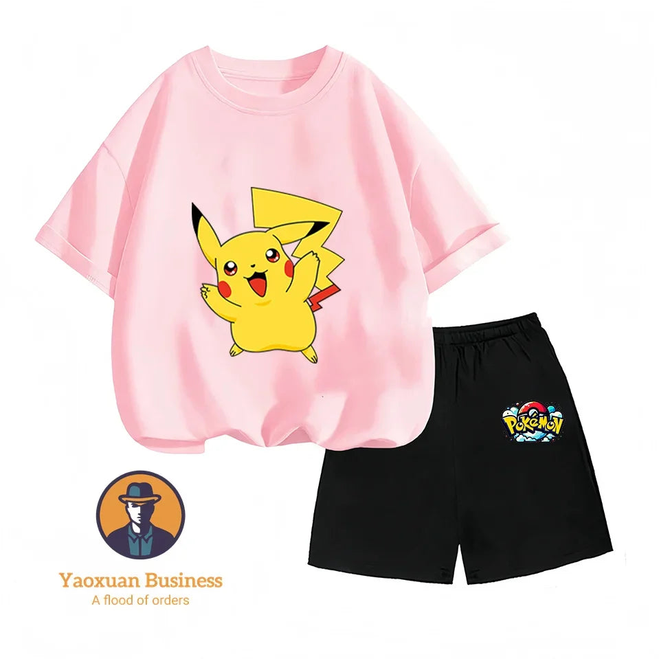 Children's Short-sleeved Set, Anime Pikachu Fashion T-shirt Style, Casual Pokemon Boys and Girls T-shirt Children's Clothing