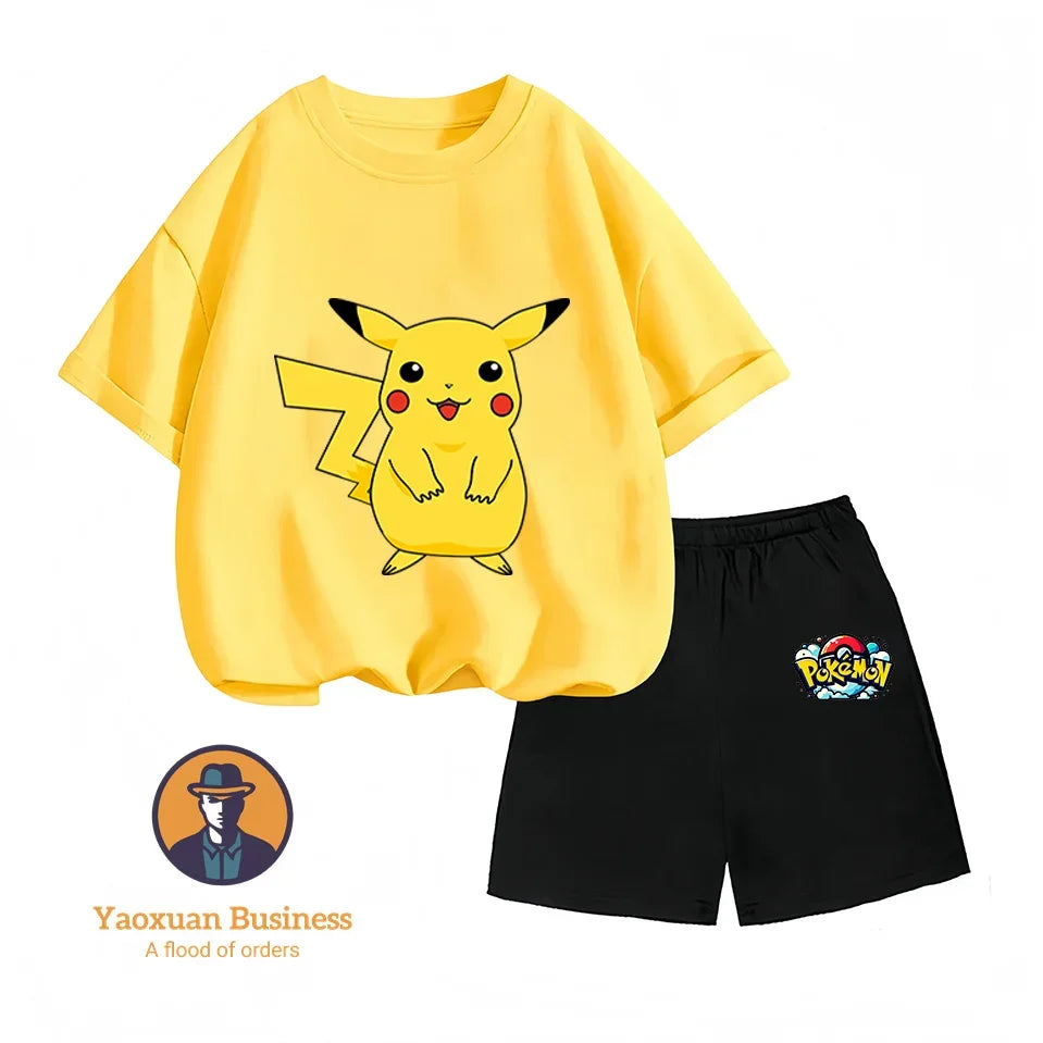 Pokemon Pikachu Baby Cotton T-shirt Set T-shirt, Kawaii Cartoon Children's Clothing for Boys and Girls, Short-sleeved Set