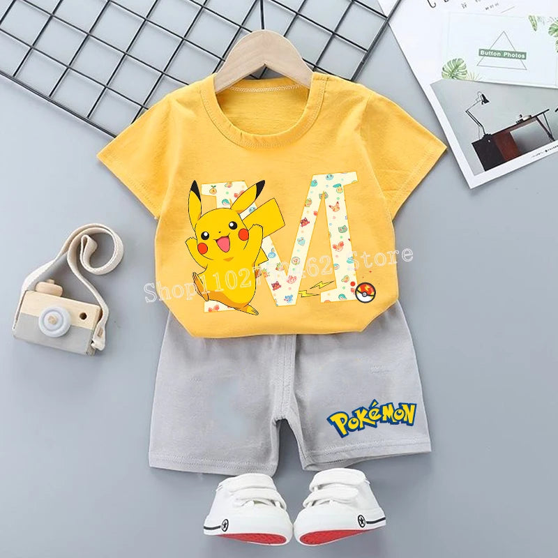 Pikachu T-shirt Shorts Set Kids PPokemons Kawaii Letter A-Z Tees Pants Boys Girls Summer Short Sleeve Trousers Children Clothes