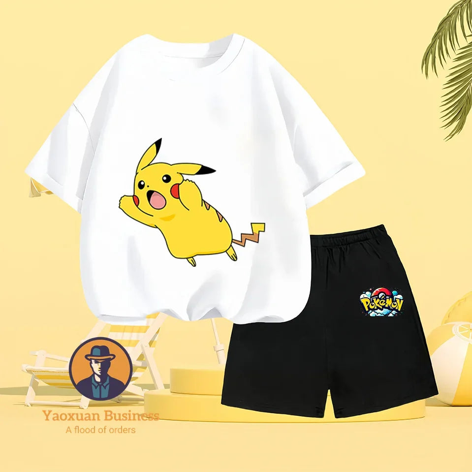Pokemon Pikachu Baby Cotton T-shirt Set T-shirt, Kawaii Cartoon Children's Clothing for Boys and Girls, Short-sleeved Set