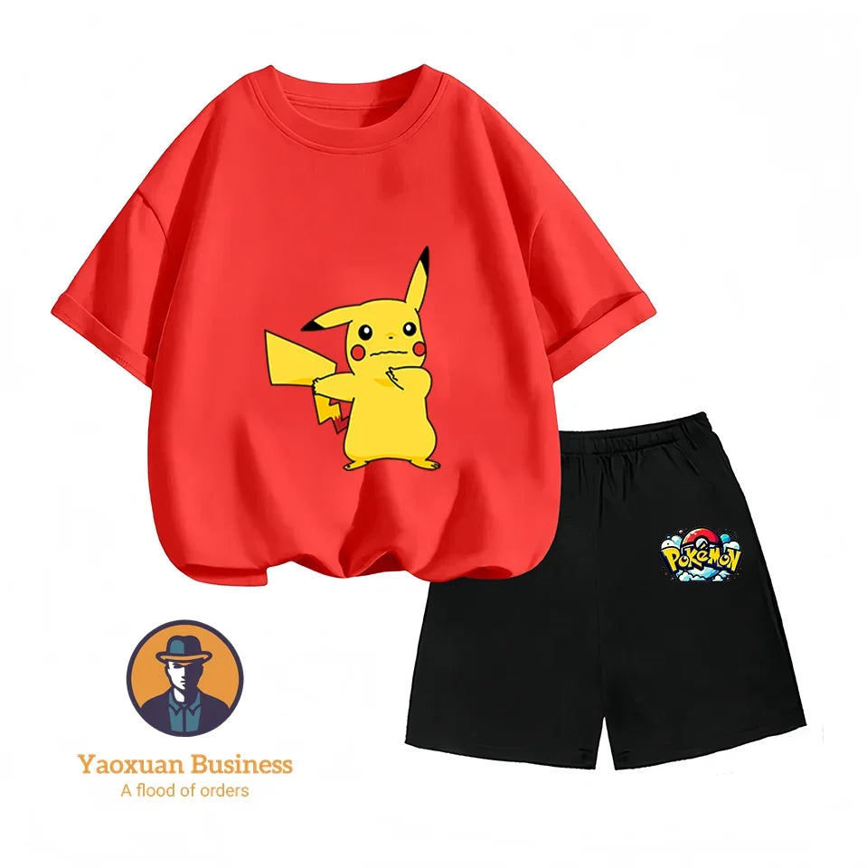 Pokemon Pikachu Baby Cotton T-shirt Set T-shirt, Kawaii Cartoon Children's Clothing for Boys and Girls, Short-sleeved Set