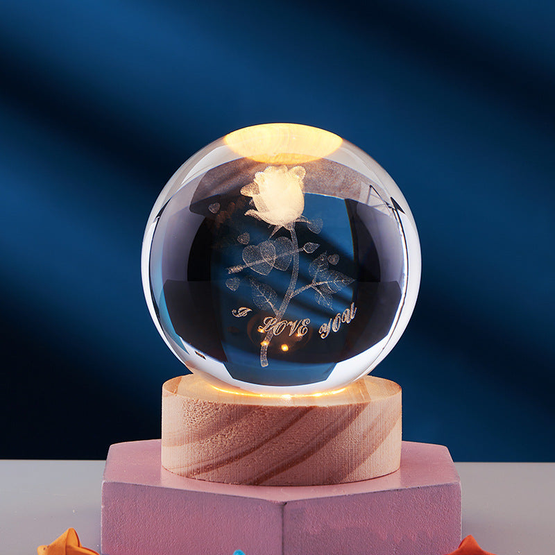 Sfera di Cristallo con Sistema Solare Inciso 3D - Lampada Notturna Luminosa a Luce Calda per Comodino