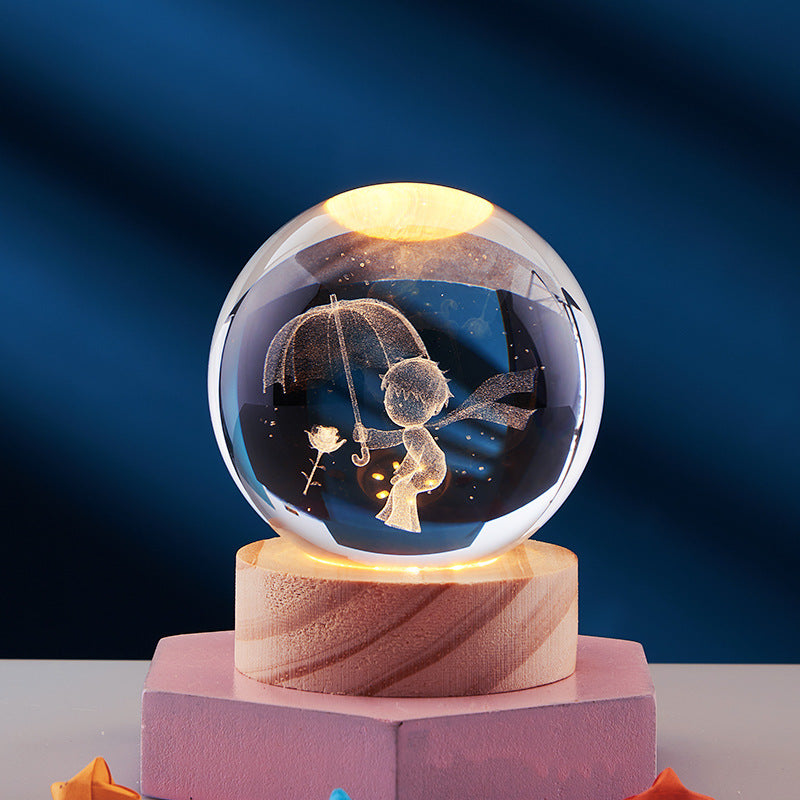 Sfera di Cristallo con Sistema Solare Inciso 3D - Lampada Notturna Luminosa a Luce Calda per Comodino