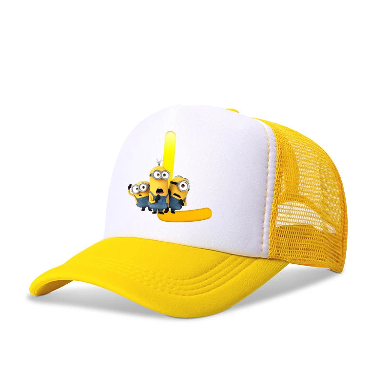 Cute Minionss Baseball Cap Kids Adult Letters A-Z Despicable Mes Movie Print Hat Outdoor Casual Sunshade Summer Girl Kawaii Gift
