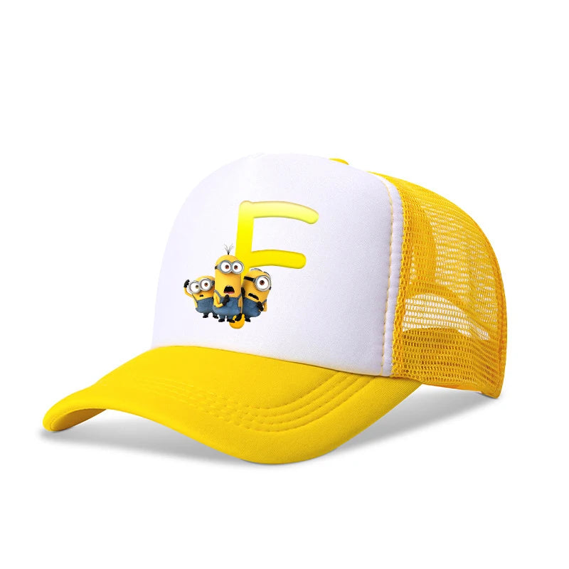 Cute Minionss Baseball Cap Kids Adult Letters A-Z Despicable Mes Movie Print Hat Outdoor Casual Sunshade Summer Girl Kawaii Gift