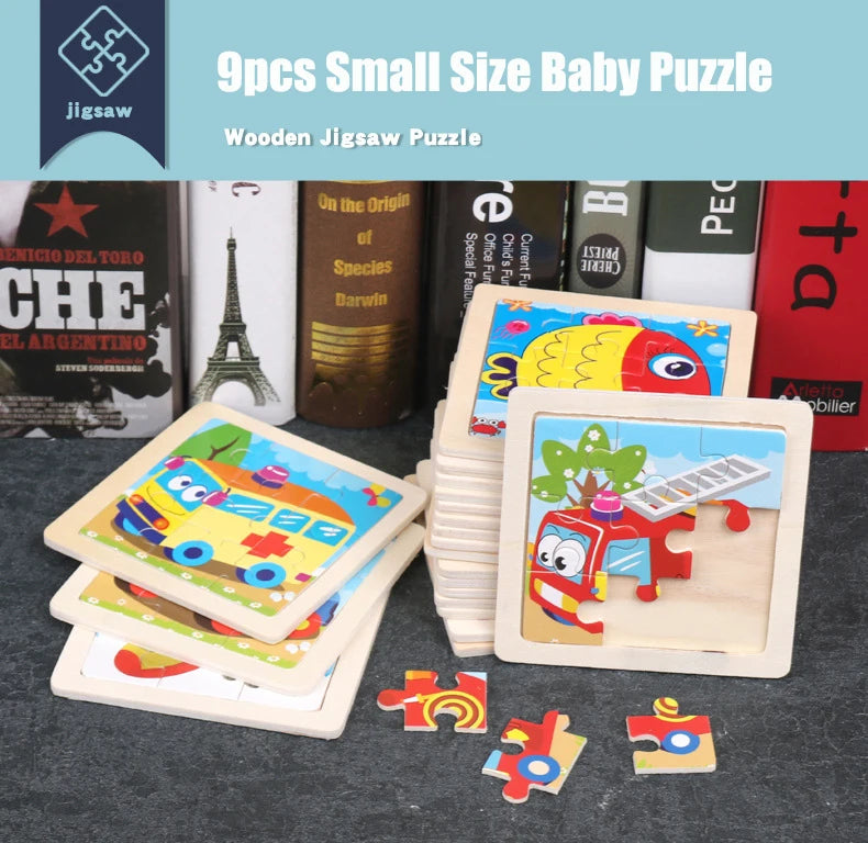 Set di 9 Puzzle in Legno per Bambini – Animali e Veicoli in Stile Montessori