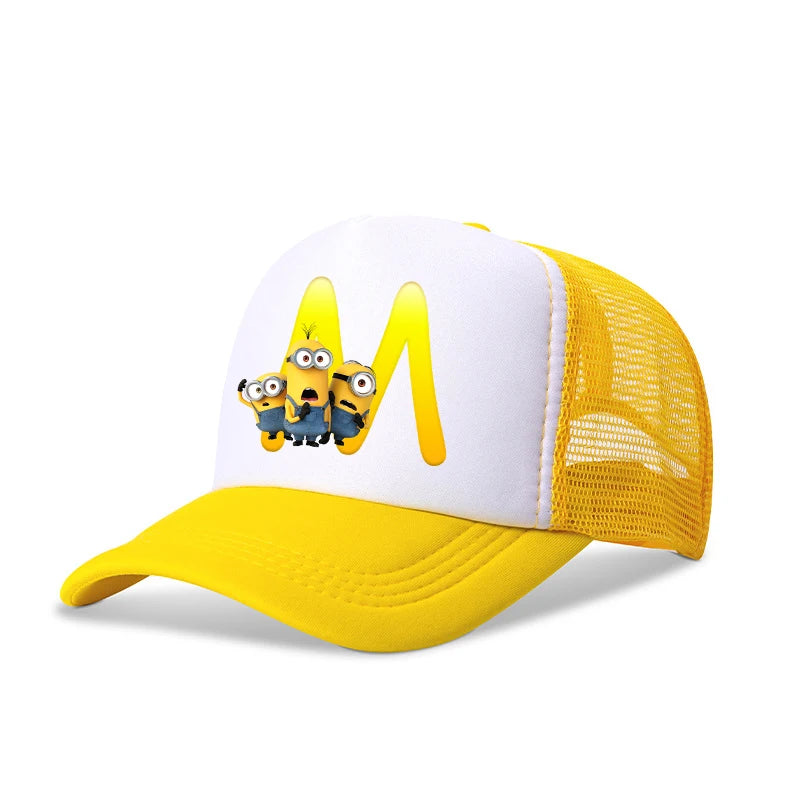 Cute Minionss Baseball Cap Kids Adult Letters A-Z Despicable Mes Movie Print Hat Outdoor Casual Sunshade Summer Girl Kawaii Gift