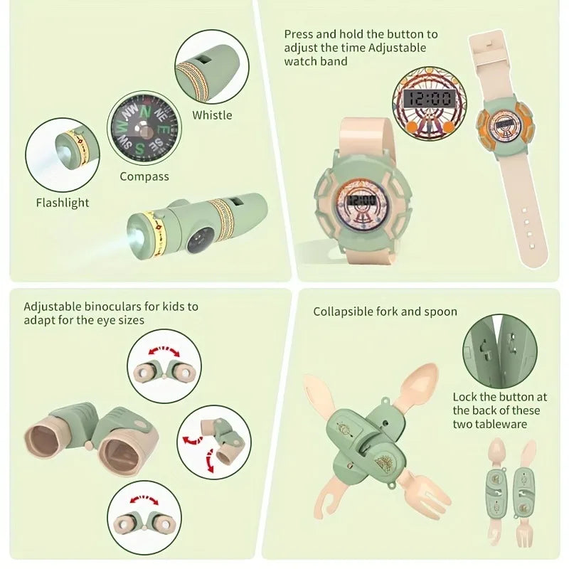 Set da Campeggio per Bambini – Kit da Esploratore con Tenda, Fuoco, Binocolo e Orologio