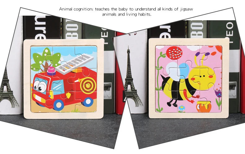 Set di 9 Puzzle in Legno per Bambini – Animali e Veicoli in Stile Montessori
