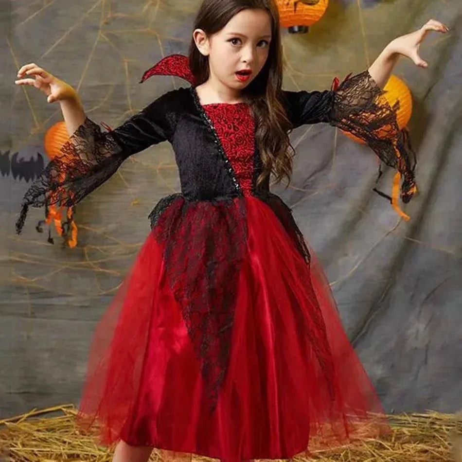 Costume da Cosplay di Vampira per Bambina 2024 - Abito da Halloween per Bambine, Sposa Fantasma Gotica, Outfit da Carnevale in Nero e Rosso