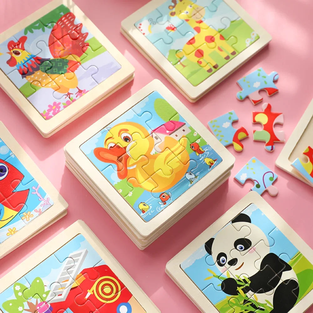 Set di 9 Puzzle in Legno per Bambini – Animali e Veicoli in Stile Montessori