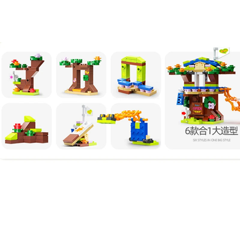 Set di Costruzioni 6 in 1 – Casa sull'Albero con Scivolo e Castello per Bambini