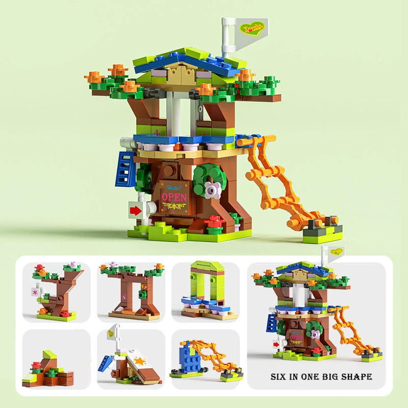 Set di Costruzioni 6 in 1 – Casa sull'Albero con Scivolo e Castello per Bambini
