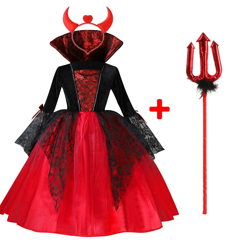 Costume da Cosplay di Vampira per Bambina 2024 - Abito da Halloween per Bambine, Sposa Fantasma Gotica, Outfit da Carnevale in Nero e Rosso