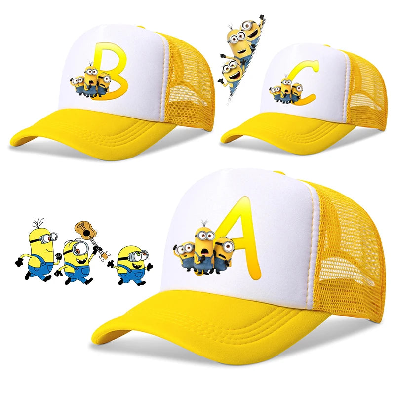 Cute Minionss Baseball Cap Kids Adult Letters A-Z Despicable Mes Movie Print Hat Outdoor Casual Sunshade Summer Girl Kawaii Gift
